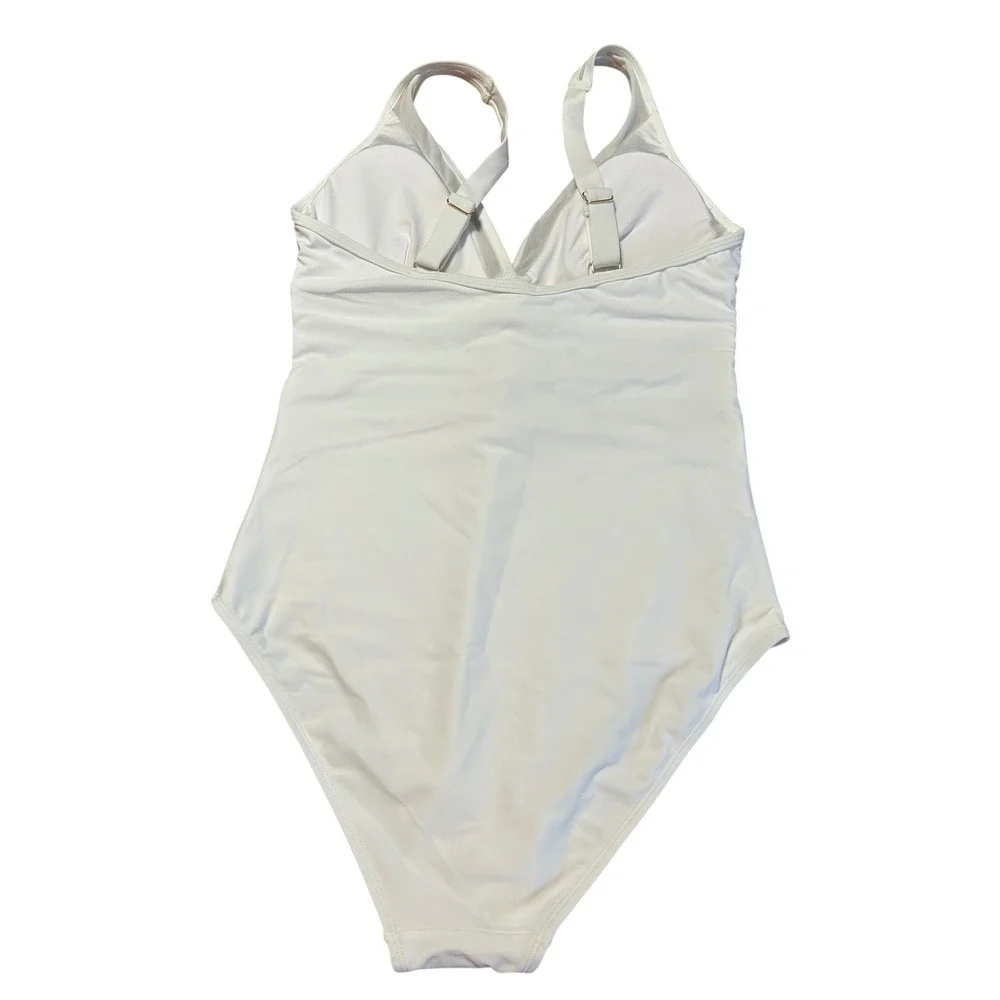 Relleciga White Mesh V-Neck One-Piece‎ Swimsuit Adjustable Straps  Size M
